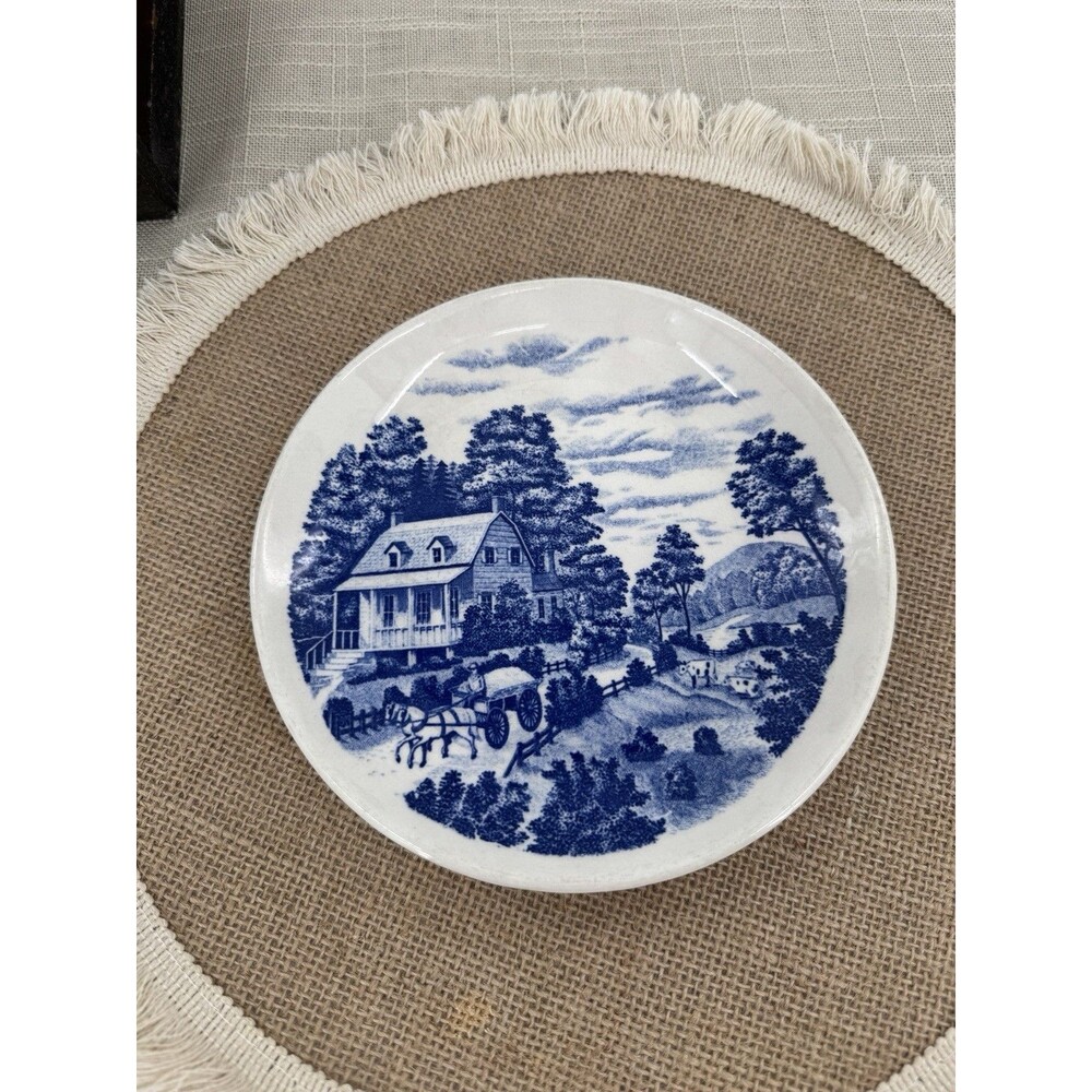 Vintage NASCO Homestead Japan Blue And White Cottage Scene Plate Hand Painted